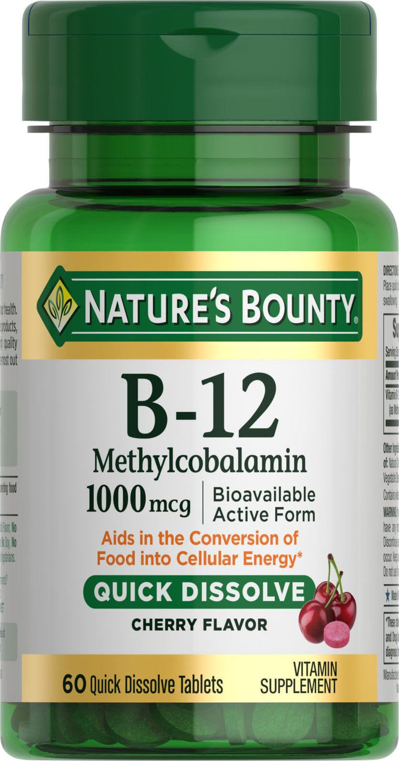 Nature's Bounty Vitamin B-12 Quick Dissolve Tablets, 1000mcg, Aids in the Conversion of Food into Cellular Energy, Cherry Flavor, 60ct 60 Count (Pack of 1)