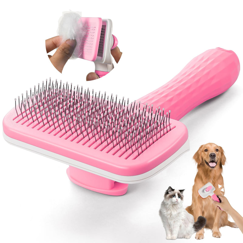 Pet brush，cat brush with release button，dog brush， for grooming Remove loose hair and prevent tangling,fine needle（Pink） - BeesActive Australia