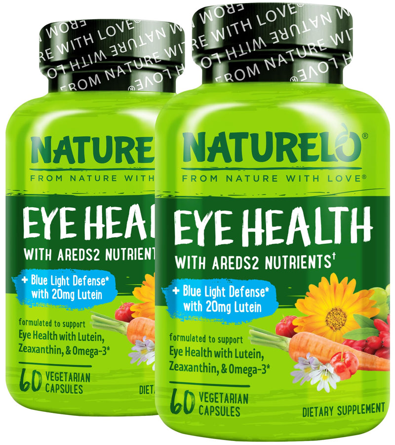 NATURELO Eye Vitamins, AREDS 2 Formula, 60 Vegan Capsules, 2 Pack | Nutrients with lutein, zeaxanthin, vitamin C, vitamin E, zinc, plus DHA, Supplement for Dry Eyes, Healthy Vision, Eye Support Unflavored 60 Count (Pack of 2)