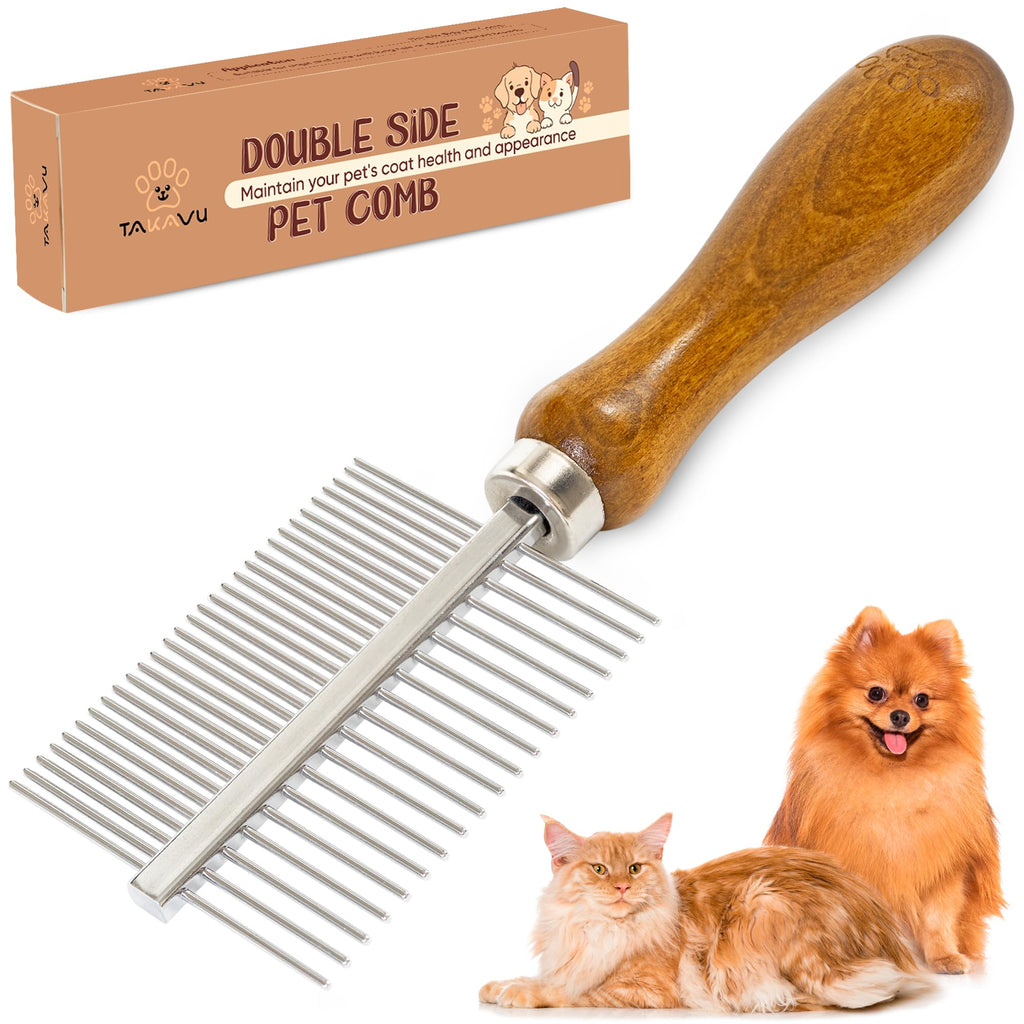 Takavu Metal Dog Comb for Removes Tangles and Knots, Cat Comb for Removing Matted Fur, Stainless Steel Smooth Round Teeth Grooming Tool with Wooden Handle for Grooming Pets Hair Double Side Comb