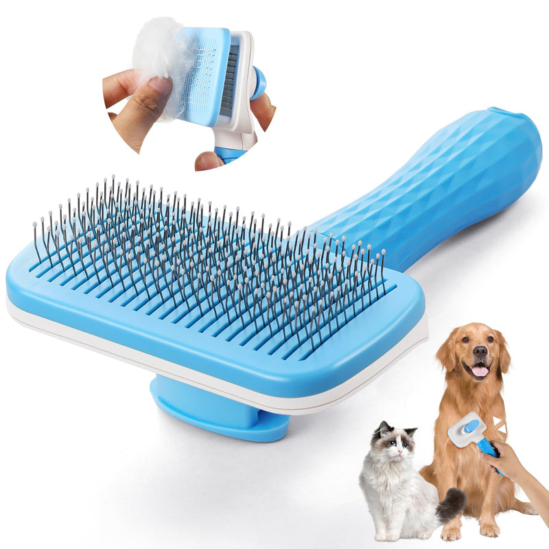 Pet brush，cat brush with release button，dog brush， for grooming Remove loose hair and prevent tangling,fine needle（Blue） - BeesActive Australia