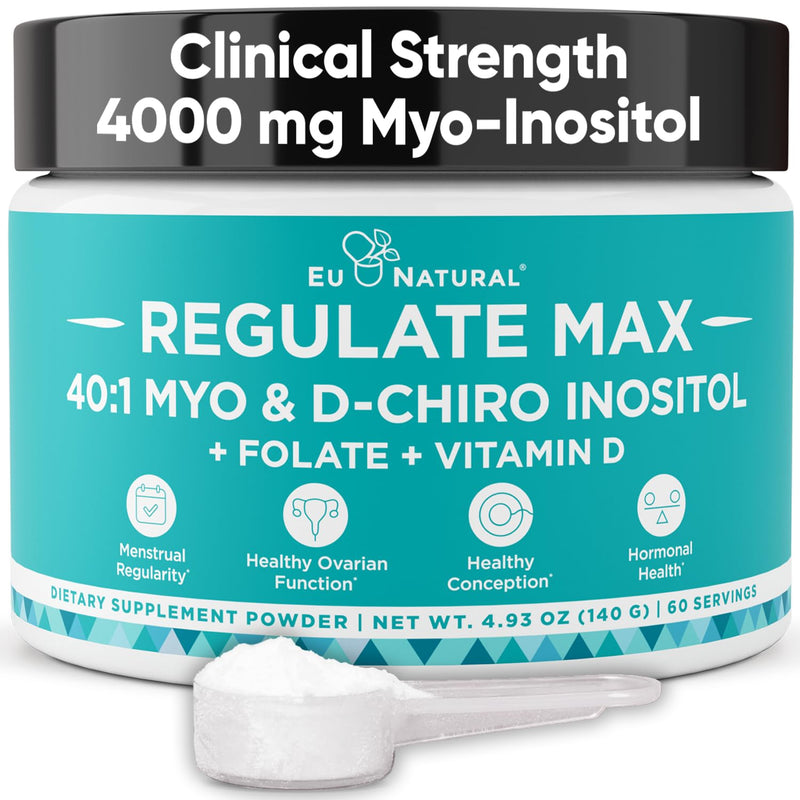Eu Natural Regulate MAX Myo-Inositol & D-Chiro Inositol Supplement Powder for Women with Vitamin D & Folate Nutritional Support, Hormone Balance & Fertility Support, Unflavored 60 Servings - BeesActive Australia