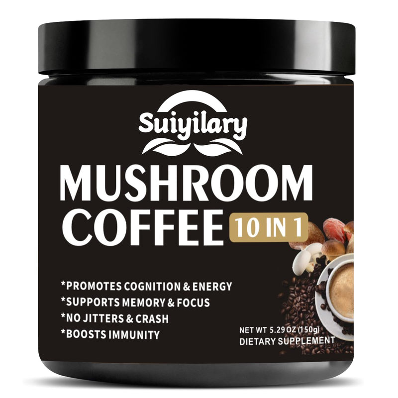 Mushroom Coffee, 10 Mushroom Extract Powder Blend Lion's Mane, Reishi, Chaga, Cordyceps, Turkey Tail, Brain Supplements with Instant Coffee for Energy, Focus, Memory and Immunity 150g mushroom coffee 5.3 Ounce (Pack of 1)