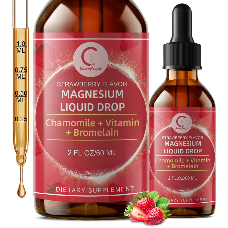 Magnesium Glycinate Liquid Drops for Stress Relief and Digestive Comfort | Magnesium Glycinate Liquid, Fast Absorption, Non-GMO, Vegan Formula, Sugar Free, Strawberry Flavor, 2 Fl OZ