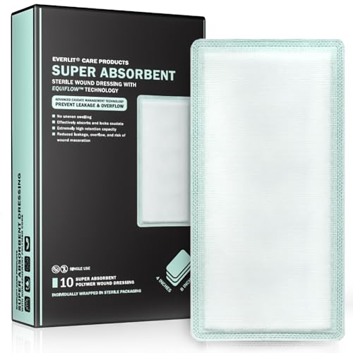 EVERLIT CARE EquiFlow Super Absorbent Dressing for Heavily Exuding Wound | Fast-Absorbing Non-Adhesive Polymer Dressing with Nonstick Gauze Pad | High Absorption & Retention | Pack of 10 (4" x 8") 4" x 8"