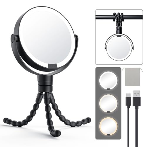 Gospire 5.85” Tripod Travel Makeup Mirror with Light and Magnification Black