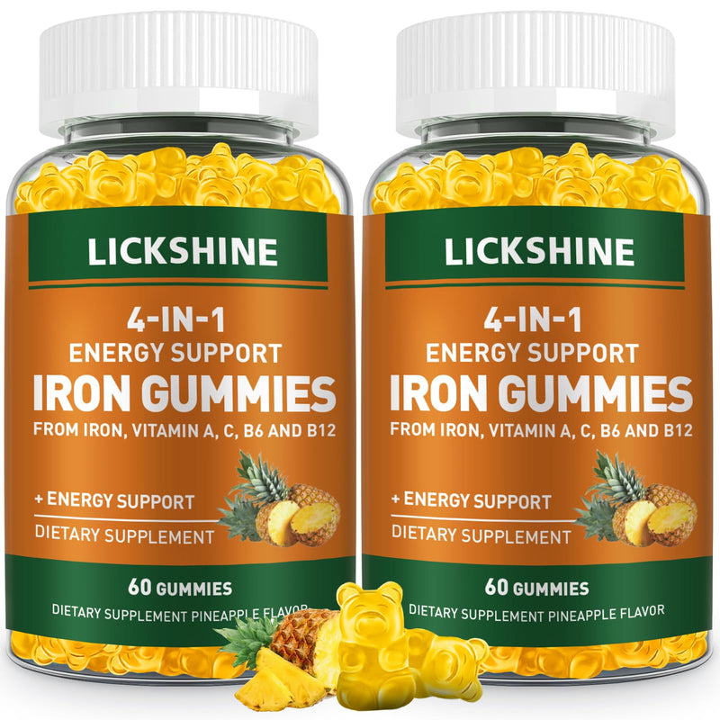 lickshine 2 Pack Vegan 100MG Iron Supplement Gummies for Women & Men - with Vitamin C, A, B for Adults & Kids - Energy Support for Iron Deficiency, Anemia - Pineapple Flavor (120 Ct) 60 Count (Pack of 2)