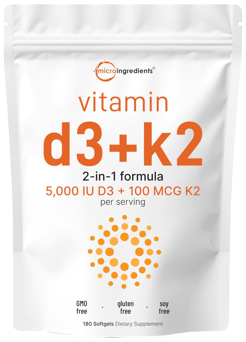 Micro Ingredients Vitamin D3 5,000 IU + K2 MK-7 100 mcg, 180 Softgels | 2-in-1 Formula | Easy to Swallow, Non-GMO 180 Count (Pack of 1)