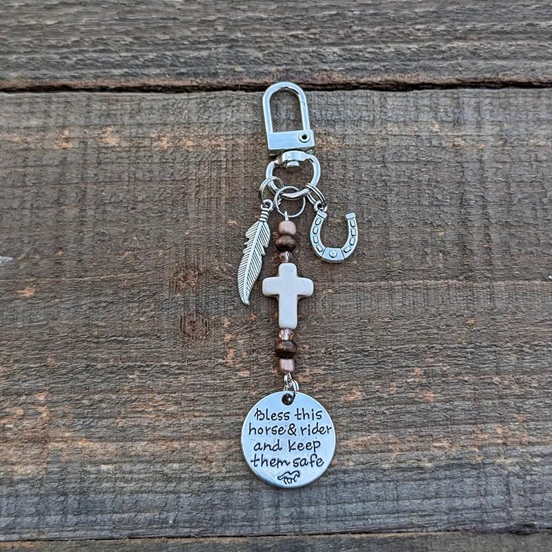 Horse Saddle and Bridle Charm Clip, Bless This Horse and Rider Keep Safe Bridle Saddle Charm Gifts for Horse Rider, Saddle Strings Riding Enthusiast Charms Hanging Ornament Feather & Horseshoe