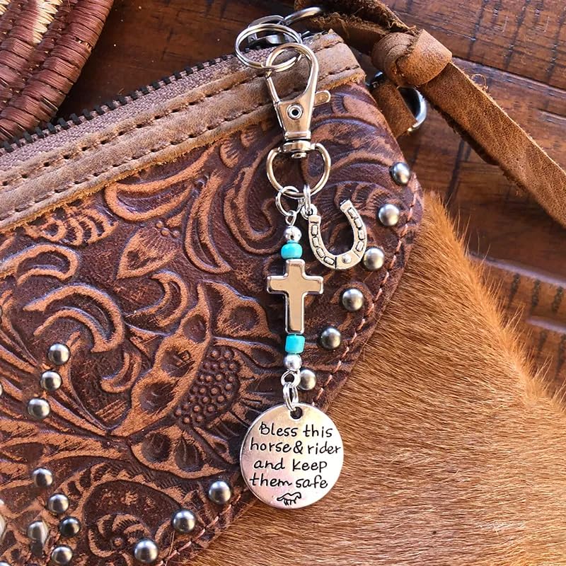 Horse Saddle and Bridle Charm Clip, Bless This Horse and Rider Keep Safe Bridle Saddle Charm Gifts for Horse Rider, Saddle Strings Riding Enthusiast Charms Hanging Ornament Blue Stone & Horseshoe