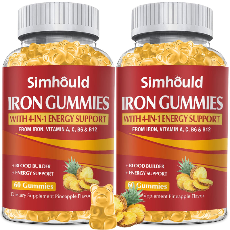 2 Pack Vegan 80MG Iron Supplement Gummies for Women & Men - Vitamin A, C, B for Adults & Kids - Blood & Builder & Energy Support for Iron Deficiency, Anemia, 120 Counts Pineapple Flavor Gummies Yellow - 2 Packs