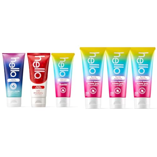 hello Variety (Unicorn, Strawberry, Dragon) & Unicorn Sparkle Kids Toothpaste Bundle with Fluoride, Natural Flavors, Vegan, Gluten Free, Ages 2+, Packs of 3, 4.2 Ounce Tubes