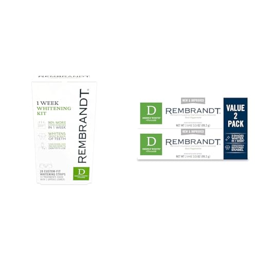 REMBRANDT 1 Week 14 Treatment Custom-Fit Whitening Strips + Peroxide Whitening Toothpaste, Removes Tough Stains, Enamel-Safe