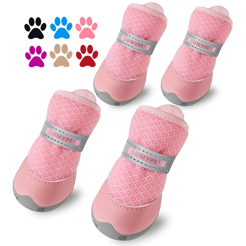 QUMY 4PCS Dog Shoes for Small Dogs, Hot Pavement Summer Puppy Dog Boots & Paw Protectors with Soft Skid-Resistant Rubber Sole, Mesh Breathable Dog Booties for Hardfloors, Walking Running Pink Size 1 0Pink-4PCS size 1: 1.29"x0.98"(L*W) - BeesActive Australia
