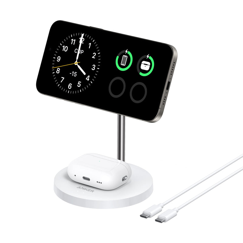 Anker MagSafe Charger Stand Compatible, MagGo 2-in-1 Charging Station, 【Upgraded】 Qi2 Certified 15W Wireless Charger Stand, for iPhone 15/14/13/12, AirPods Pro White - BeesActive Australia