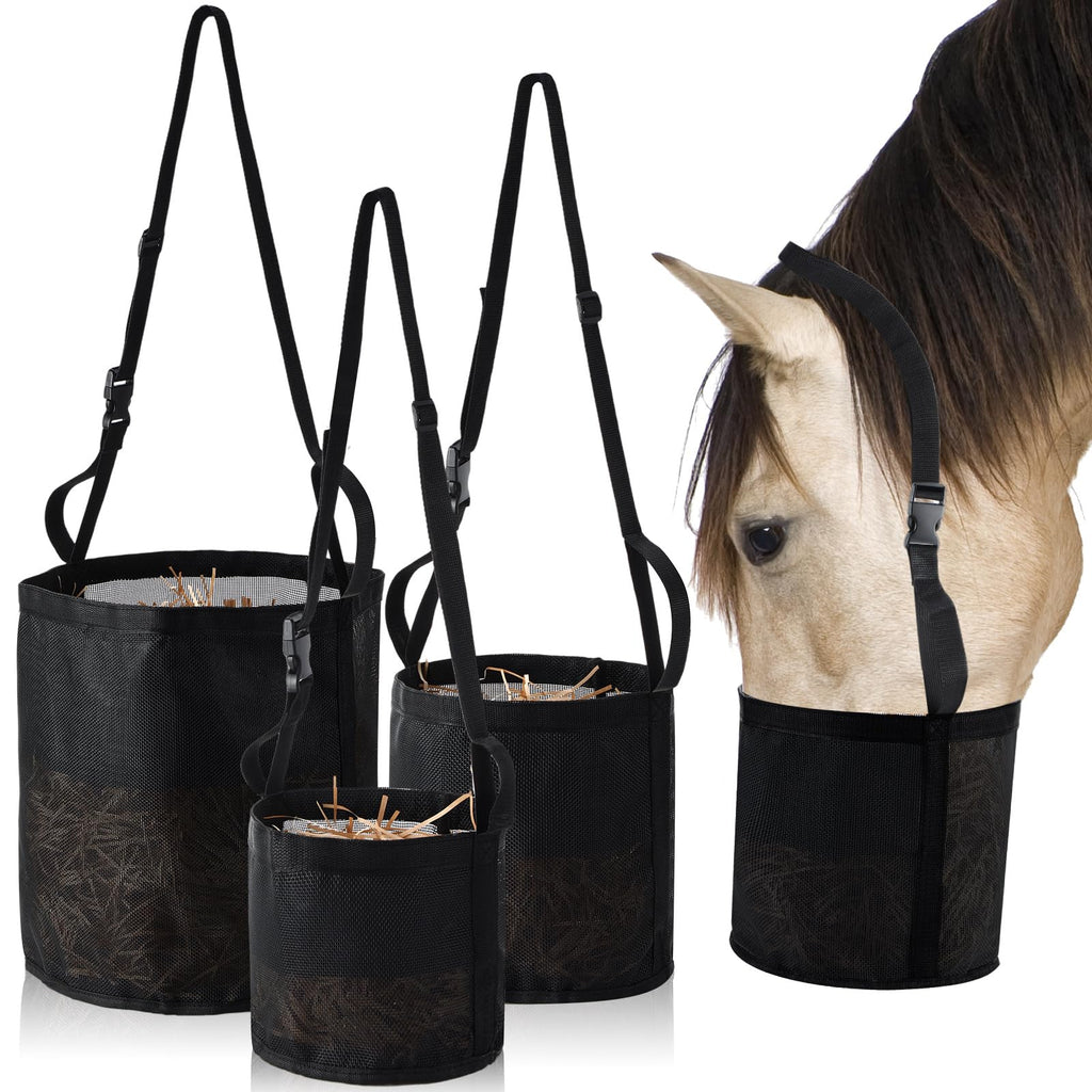 3 Pcs Horse Feed Bag Heavy Duty Mesh Horse Feeder Breathable Grain Bag Mesh Horse Feed Bucket with Adjustable Strap and Waterproof Bottom, Black, 3 Size