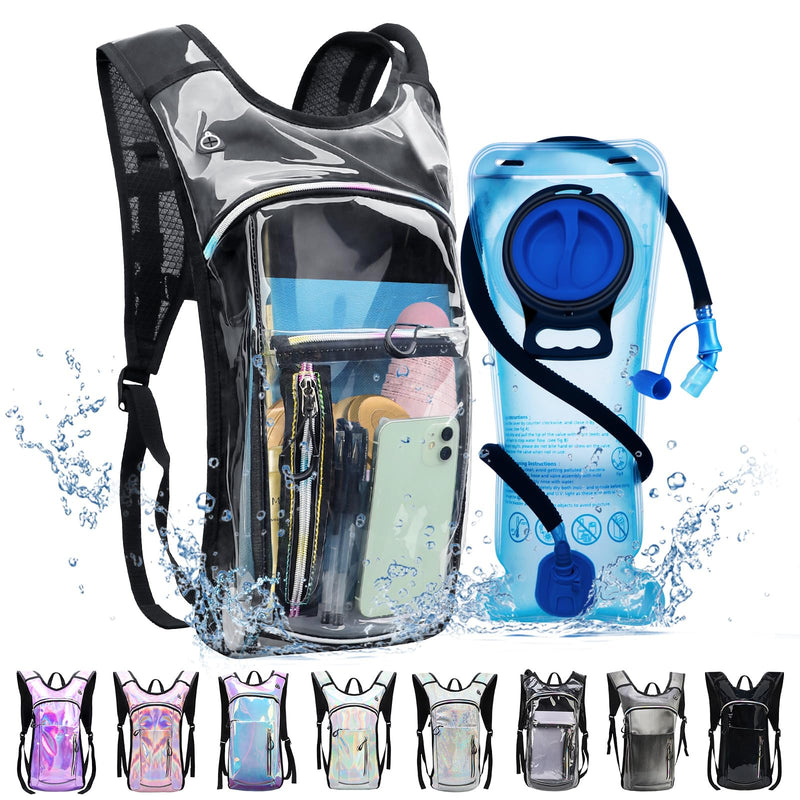 Hydration Backpack,Water Backpack with 2L Water Bladder,Festival Essential-Rave Hydration Pack,Lightweight Insulation Hydropack for Outdoor,Hiking,Running,Biking,Music Festival for Men Women Clear