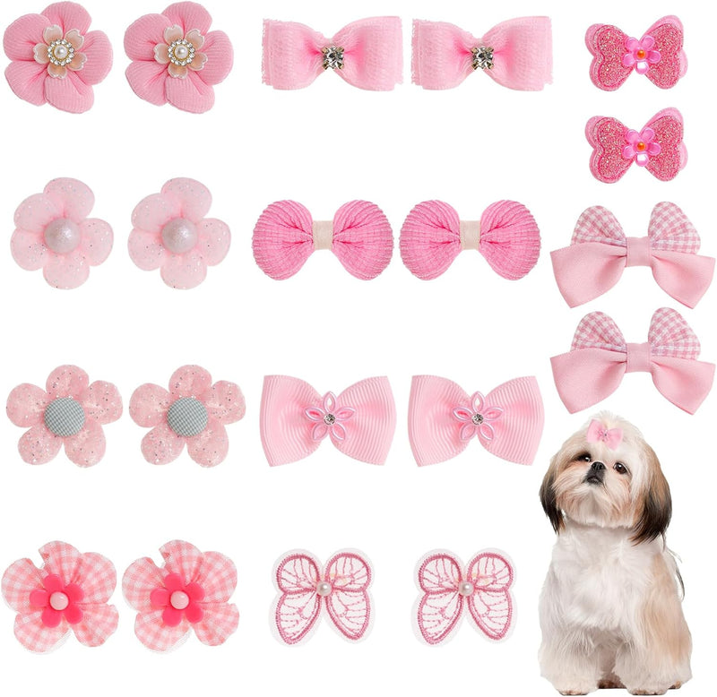20Pcs Light Pink Small Dog Hair Bows Cute Puppy Dog Bowknot Hair Bow Bulk with Rubber Bands Elastic Lace Rhinestone Pearls Hair Ties Mix Style Handmade Flower Bow Dog Cat (Light Pink, Cute pattern) - BeesActive Australia