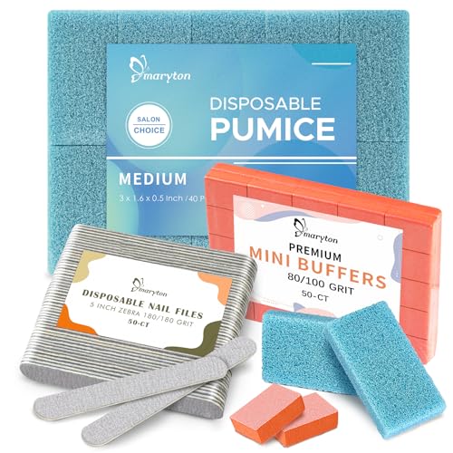 40Pcs Disposable Pumices and 50Pcs Nail Files 180 Grit and 50Pcs Mini Buffers 80/100 Grit Bundle