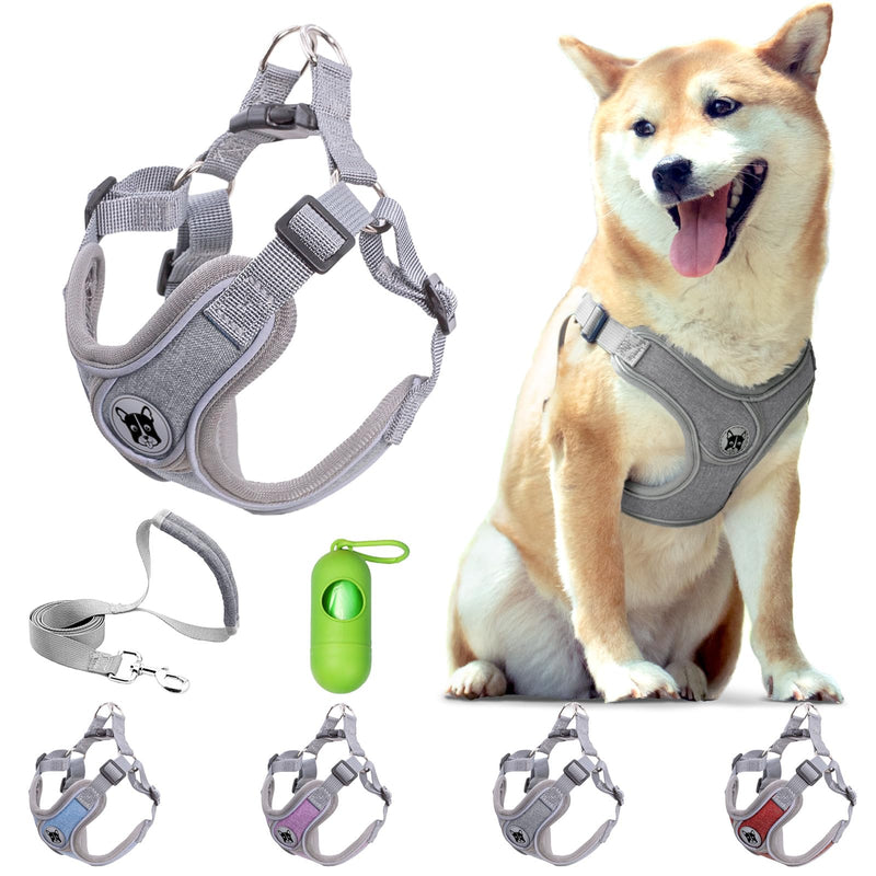 Patas Lague Dog Harness with Leash Set Adjustable Soft Padded Step-in Solid Dog Vest Harness No Choke No Pull Reflective for Medium Dogs with Poop Bags and Dispenser Grey L L (Neck 20.9-24.8'' Chest 22.4-28.0'') - BeesActive Australia