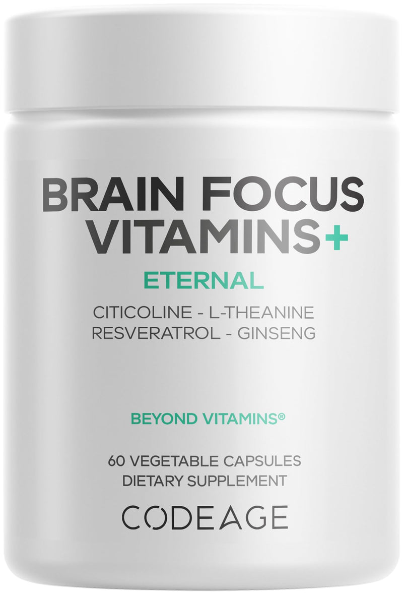 Codeage Brain Focus Vitamins+, Citicoline Cognizin, Ginseng, 60 Capsules | Liposomal citicoline as Cognizin, panax ginseng, resveratrol, gotu kola, vitamin B12 methylcobalamin. Vegan, non-GMO.