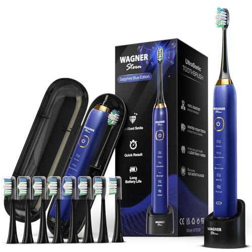 Wagner Stern The Sapphire Blue Edition ultrasonic whitening Electric Toothbrush Features Five Brushing Modes, Eight Soft Brush Heads, and a Premium Travel case.