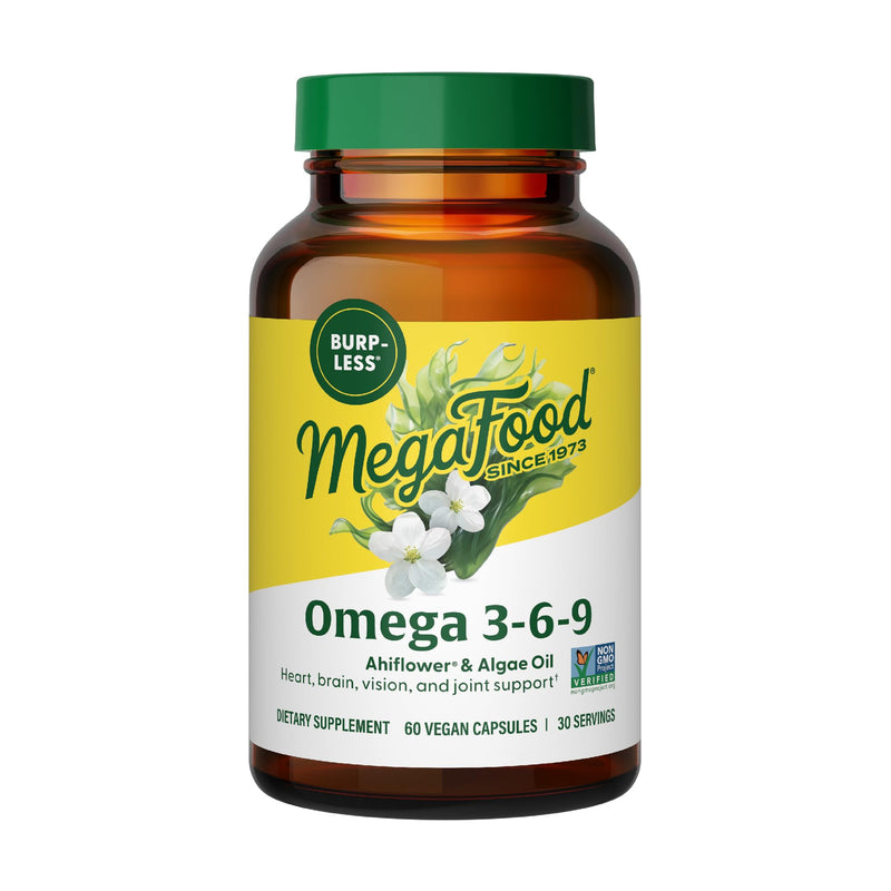 MegaFood Algae Omega 3 6 9 for Heart, Brain & Vision Support, 60 Capsules | Burp-Less Supplement, 600 mg Plant-Based Omega 3 and 150 mg DHA Per Serving for Heart, Brain & Vision, Vegan, 30 Servings