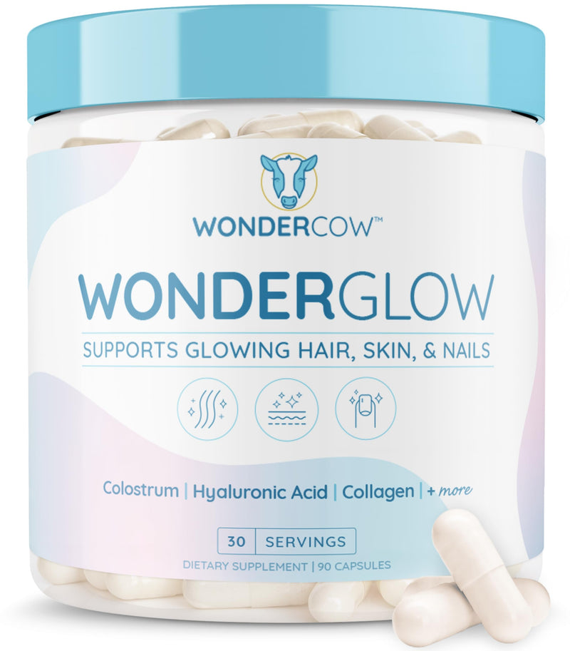 WONDERCOW Hair Skin and Nails Vitamins w/Bovine Colostrum, Collagen, Hyaluronic Acid, Biotin, Zinc, & Lactoferrin┃Supports Faster Hair Growth, Stronger Nails and Glowing Skin (30 Servings, Capsule) 90 Count (Pack of 1)