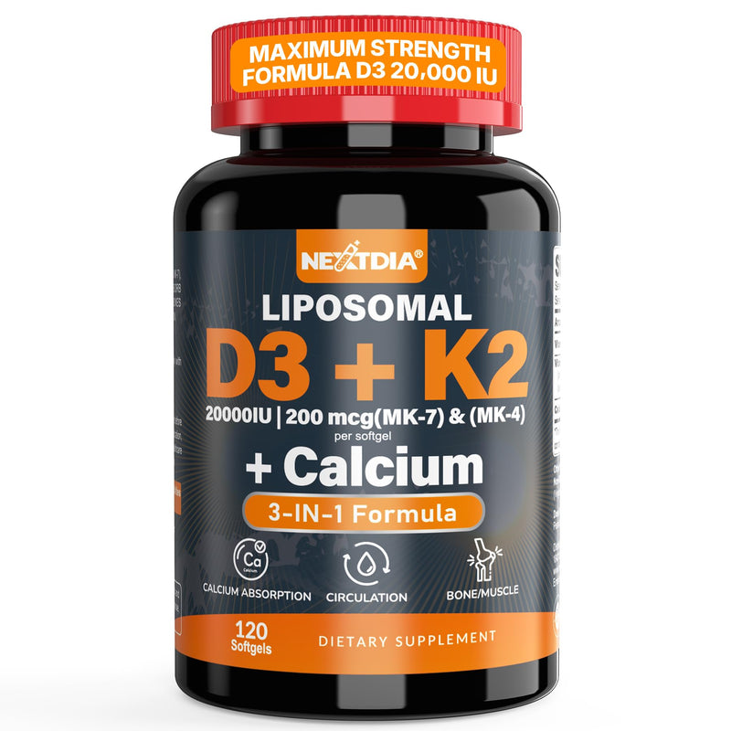 Vitamin D3 20,000 IU + K2 Vitamin (MK4 & MK7) 200mcg + Calcium Citrate, Optimal Vitamin D3 K2 Softgel - Strong Bone & Muscle, Calcium Absorption, Helping Vitamin D Deficiencies, Easy to Swallow, 1Pack 120 Count (Pack of 1)