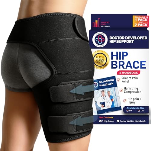 Dr. Arthritis Hip Brace, Adjustable Sciatic Nerve Brace & Stabilizer for Pulled Muscles & Injury Recovery, Hamstring Compression Sleeve Support, Sciatica Pain Relief Devices for Men & Women (BLK, S/M) Black S/M Hip brace - Right