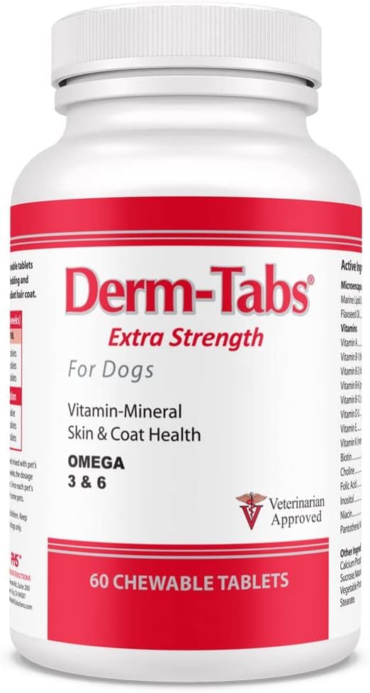 Derm Tabs Extra Strength for Dogs - Natural Oil, Vitamins, Minerals, and Antioxidants - Support Healthy Skin and Reduce Shedding -60 Chewable Tablets