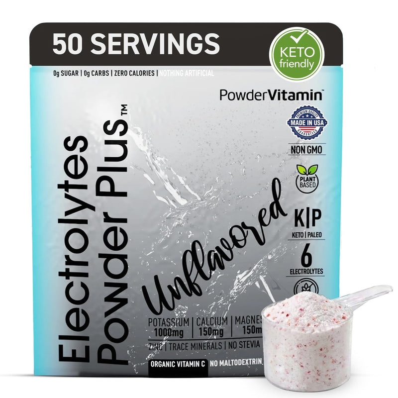 PowderVitamin Electrolytes Powder Plus - 50 Servings - Unflavored | Sugar-Free Hydration Powder, 1000mg Potassium, 120mg Magnesium, 120 mg Calcium, Himalayan Salt, Vitamin C & Zinc, USA Made 50 Servings (Pack of 1)
