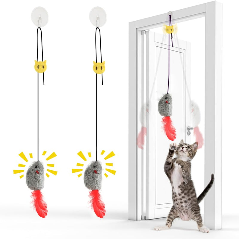 FYNIGO Self Play Cat Toys,2 Pack Door Hanging Cat Mouse Toy with Squeaky Sound,No Batteries Required,Interactive Cat Enrichment Toys for Bored Indoor Adult Cats,Cat Boredom Toys Mice with Feather Tail 2 Pack - BeesActive Australia