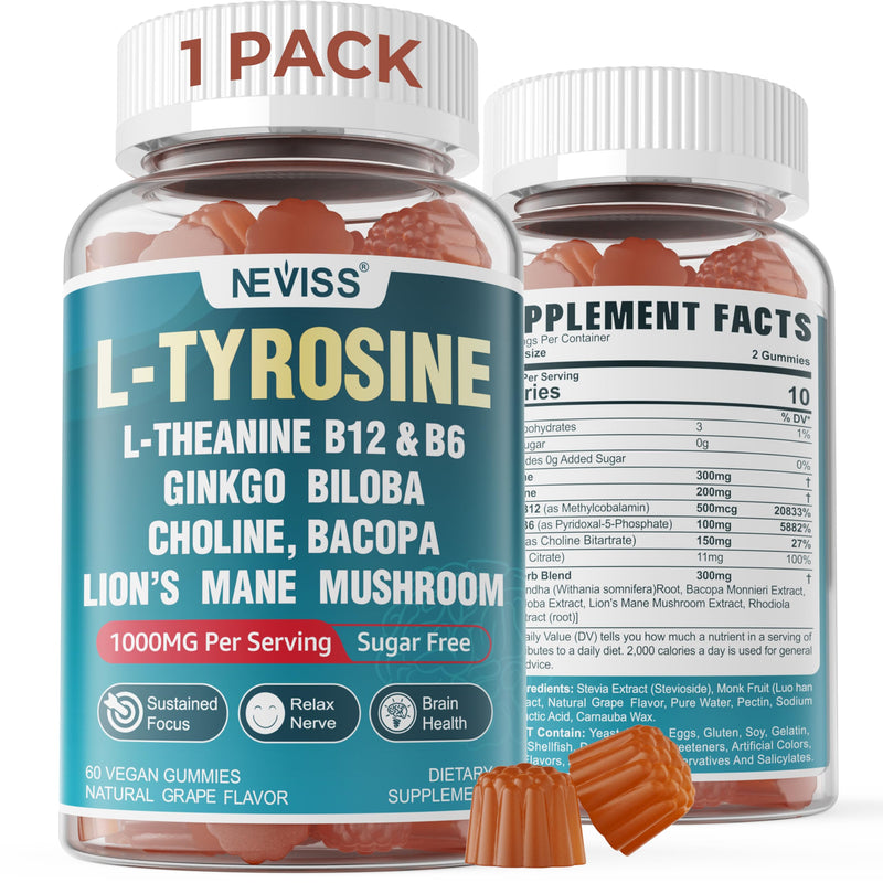 Sugar Free L-Tyrosine Gummies 300mg L-Theanine 200mg Vitamin B6 100mg & B12 500mcg, Brain Health Herbs 300mg w/Ginkgo Biloba, Rhodiola Rosea, Lion's Mane Mushroom for Sustained Focus & Energy, 1Pack 60 Count (Pack of 1)