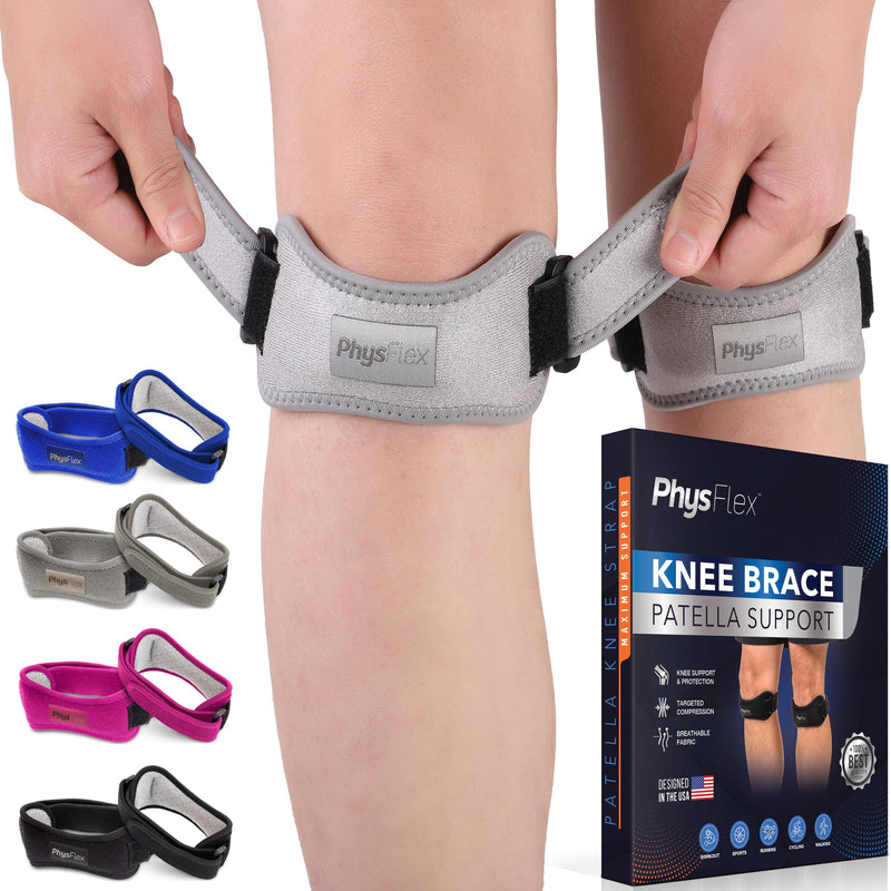 2 Pack Patella Knee Brace - Knee Support and Pain Relief, Running, Hiking, Basketball, Jumpers Knee, Tendonitis, Adjustable Strap Patellar Tendon Stabilizer (Gray) Gray (Pack Of 2) - BeesActive Australia