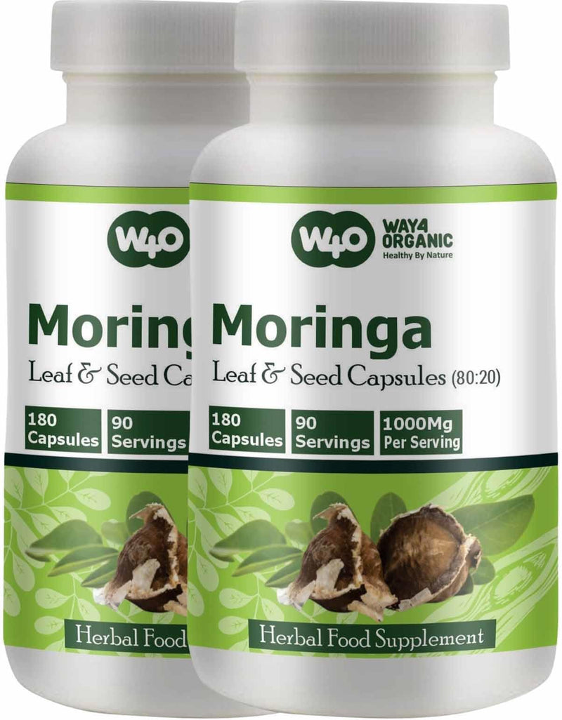 Moringa Oleifera Leaf and Seed Powder (80:20) Ratio 180 Capsules, 90 Servings, 1000 mg. Malunggay Leaf and Seed Powder, Green Superfood. Pack of 2.