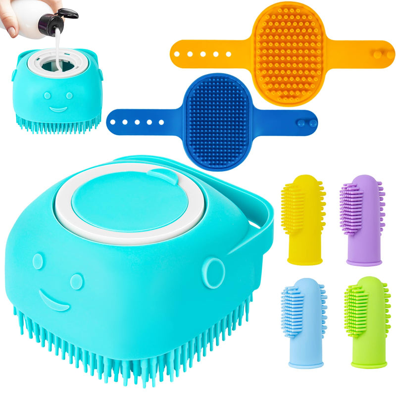 Ponpon 3PCS Dog Bath Brush with 4Pcs Dog Toothbrush, Dog Scrubber for Bath, Dog Shampoo brush with Adjustable Ring Handle, Dog Shower Brush for Long Short Hair - BeesActive Australia
