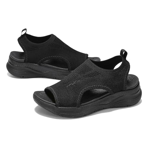 Womens Comfortable Orthopedic Sandals Arch Support Ladies Walking Sport Athletic Sandals Open Toe Slip On Plantar Fasciitis Platform Dress Sandal 2 Inches Heel 9 Black