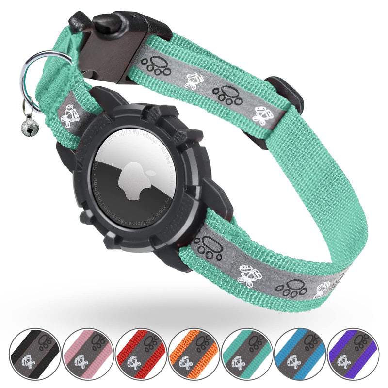 Reflective AirTag Cat Collar, Integrated Cat Tracker Collar with Air Tag Holder and Bell, Safety Elastic Band Cat GPS Collars for Girl Boy Cats, Kittens and Puppies (Green,S) S(9"-13") Green - BeesActive Australia