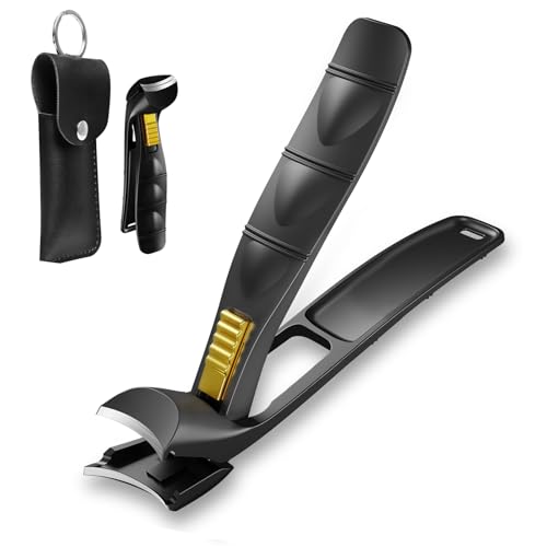 Curved Toenail Clipper with Safety Lock – Heavy Duty Thick Nail Cutter for Ingrown & Hard Nails, Ergonomic Arched Design No Need to Bend, Wide Jaw Opening, Includes PU Leather Pouch for Travel Black