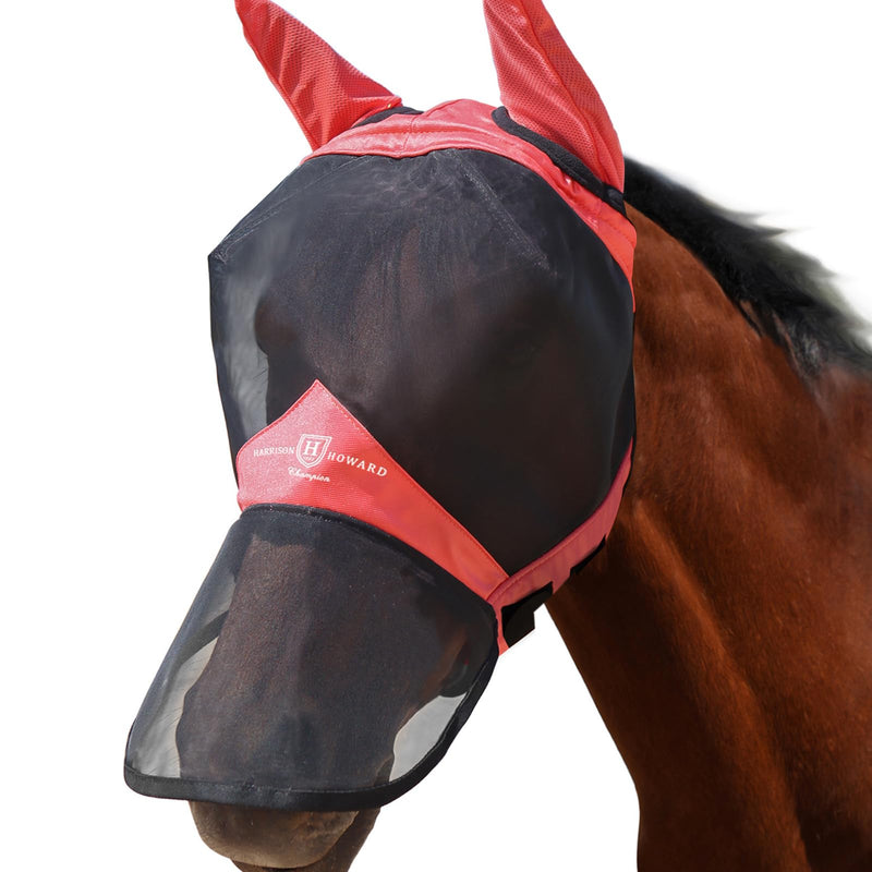 Harrison Howard Pro Luminous Horse Full Face Fly Mask Large Eye Space Long Nose with Ears UV Protection for Horse Coral Orange L - BeesActive Australia