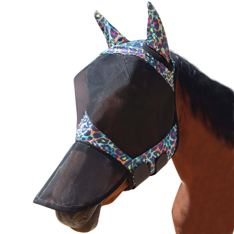 Harrison Howard Pro LumiVista Horse Full Face Fly Mask Large Eye Space Long Nose with Ears UV Protection for Horse Iridescent Prints M Medium - BeesActive Australia