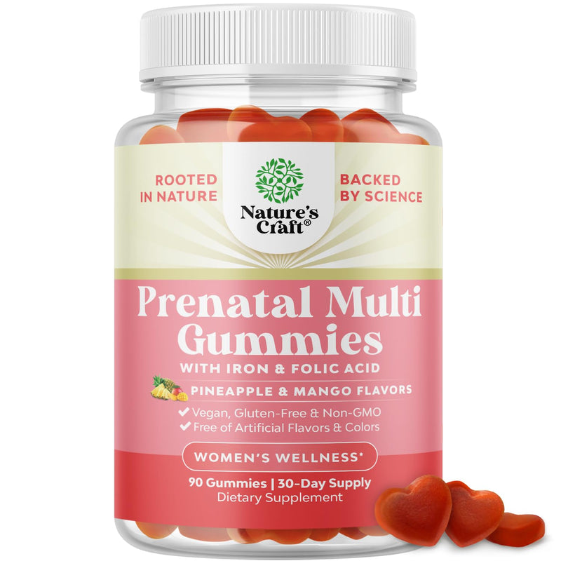 Natures Craft Vegan Prenatal Gummies for Women - Gummy Prenatal Vitamins for Women with Iron Folic Acid and Superfruit Blend - Chewable Vitamins Gummy Formula (Pineapple Mango) - 90 Count 90 Count (Pack of 1)