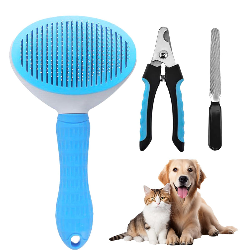 Cat Dog Hair brush, Removes Loose Fur & Tangles, Massaging Shedding & Grooming Tool for Small to Large Pets, Self Cleaning Slicker Brush, Nail Clipper & File for Claw Grooming & Smoothing, Blue