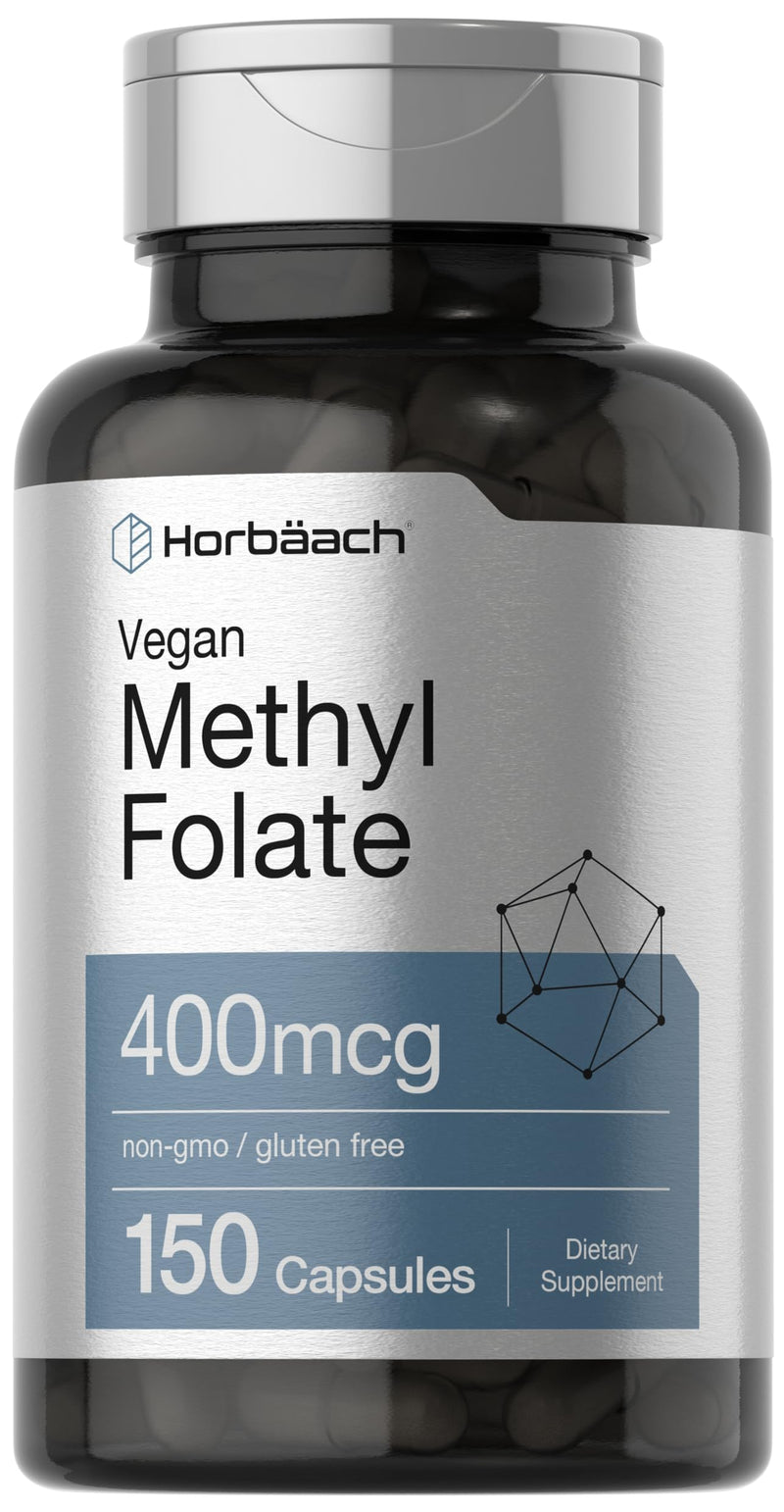 Horbäach Methyl Folate 400 mcg | 150 Vegan Capsules | Non-GMO, Gluten Free | Dietary Supplement