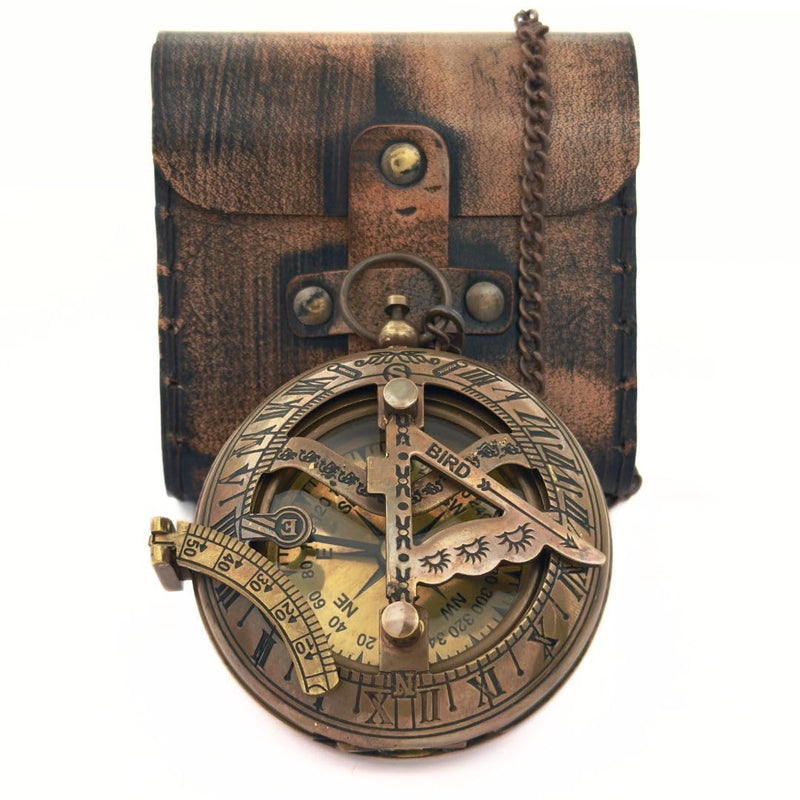 Brass Sundial Compass in Leather Case - Nautical Gifts for Men, Antique Sailing Anniversary Gadget for Him, Unusual Unique Nautical Decor, Naval Maritime Pocket Watch Clock BROWN ANTIQUE COMPASS - BeesActive Australia