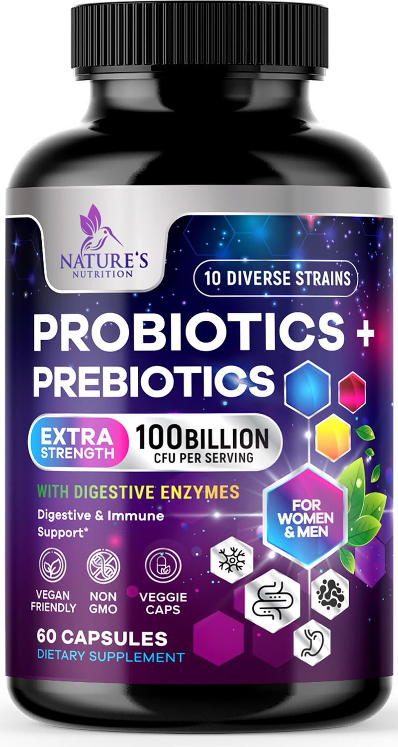 Probiotics 100 Billion CFU Per Serving - 10 Premium Strains + Prebiotics - Best Probiotic Supplement for Women & Men - Supports Immune, Digestive Health, Occasional Constipation & Gas - 60 Capsules 60 Count (Pack of 1)