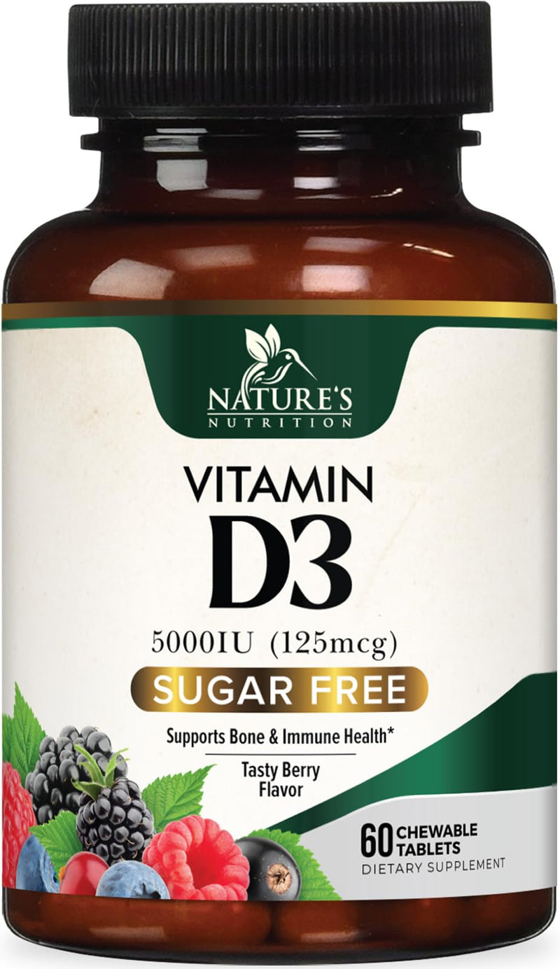 Vitamin D3 5000 IU (125 mcg) Per Serving - Extra Strength Vitamin D Chewable for Immune Support Health - Bone, Teeth and Muscle Supplements - Sugar Free, Gluten Free, USA Bottled - 60 Count Tablets 60 Count (Pack of 1)