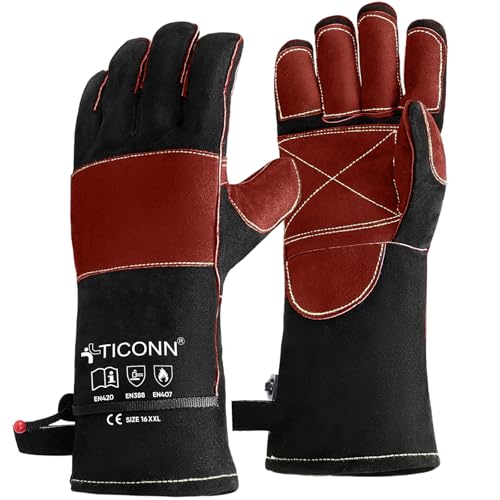 TICONN Welding Gloves, 16 IN L/XL/XXL 1000°F Heat-Resistant Fireproof Leather Gloves for Welders, Stick, Forge, Mig, Tig, BBQ 16" - L Black/Red