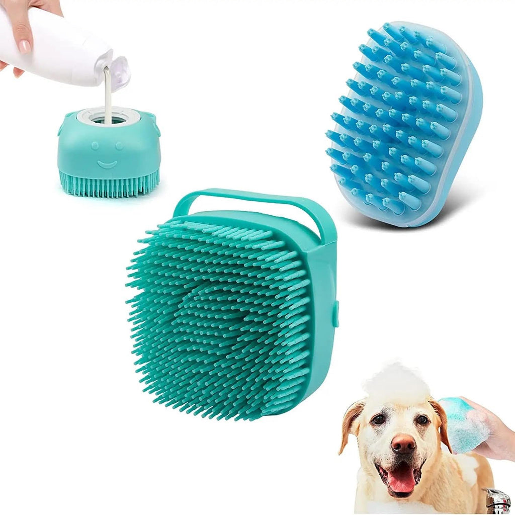 2Pack Dog Bath Brush - Dog Shampoo Brush Scrubber - Dog Bath Brush With Soap Dispenser - Dog Scrubber for Bath - Short Long Haired Dogs and Cats Washing - Pet Bath Massage Brush - Soft Silicone Blue and Green